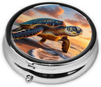 ZhongGuo sea Turtle Sunset Printed Pill Organizer,Round Travel Pill Organizer Mini Medicine Pill Box for Purse Iron Plating