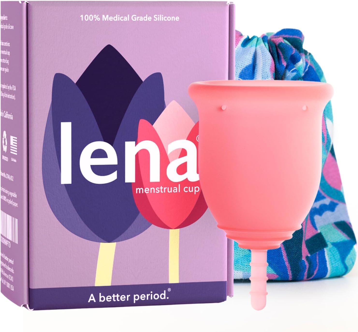 Lena Menstrual Cup Original – Reusable Silicone Period Cup for Heavy Flow, 12-Hour Leak-Free Protection, Soft & Comfortable, Beginner-Friendly Design - Large, Pink