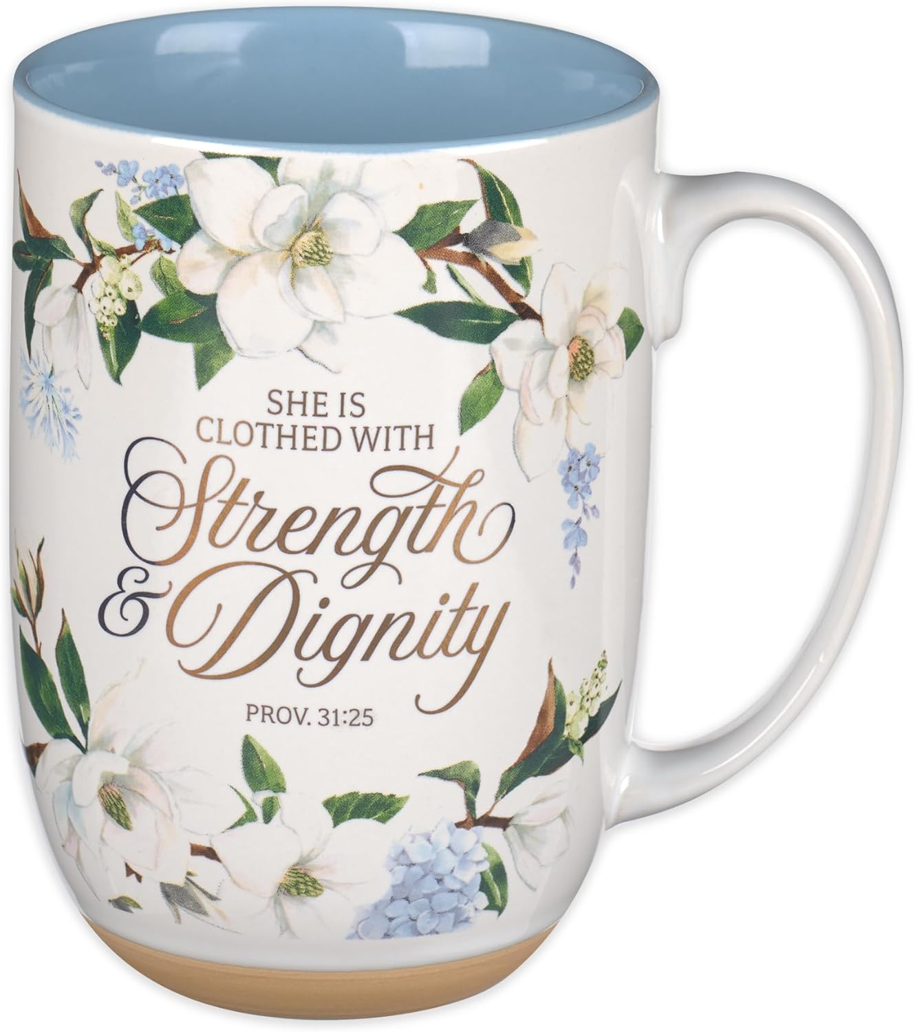 Christian Art Gifts Large Ceramic Clay Base Inspirational Coffee & Tea Scripture Mug for Women: Strength & Dignity Encouraging Bible Verse, Wide Handle Novelty Cup, White & Light Blue Floral, 15 oz.