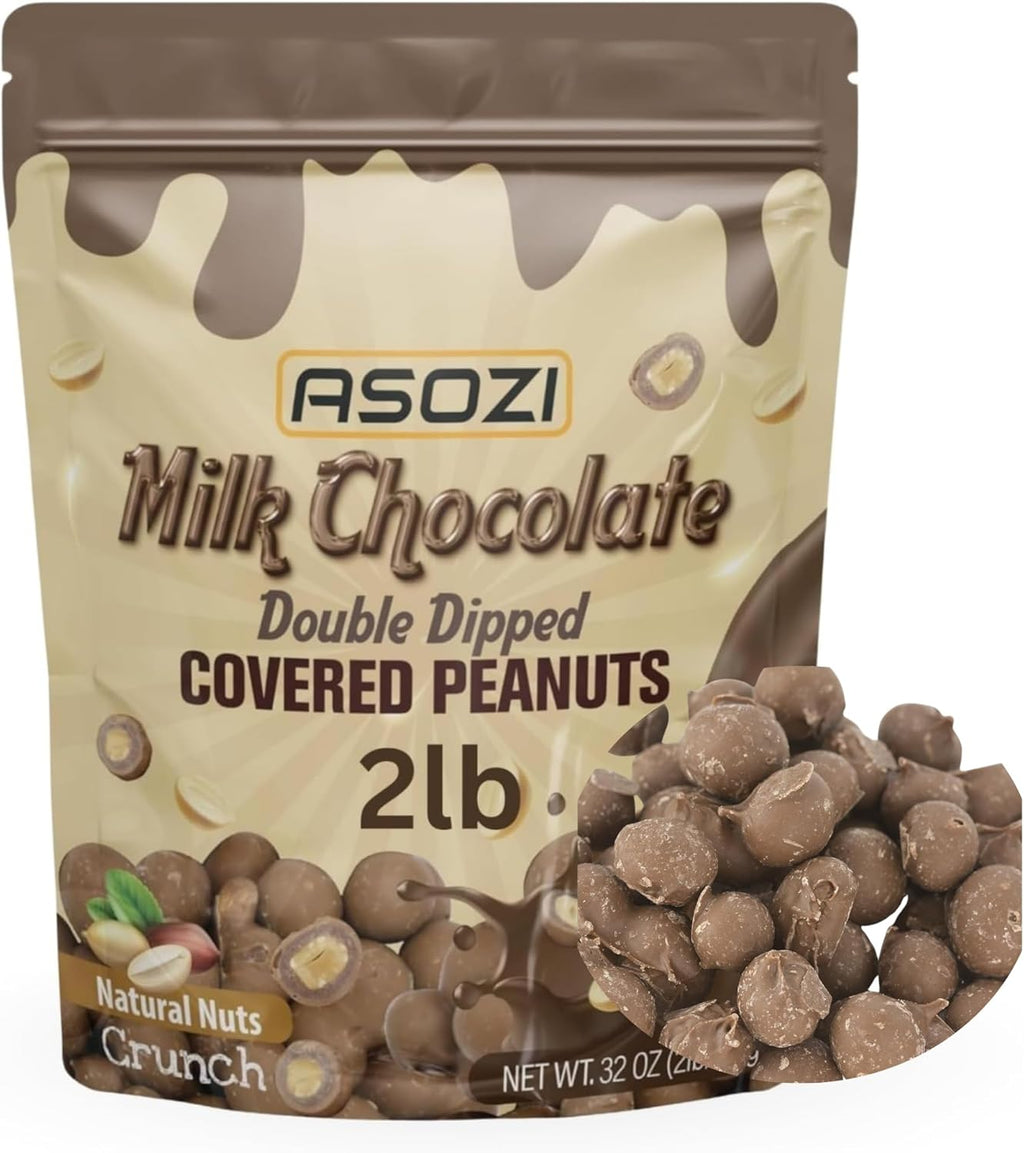 Double Dipped Milk Chocolate Covered Peanuts 2LB Resealable Bag – Extra Thick Chocolate Coating, Crunchy Premium Peanuts, Bulk Candy Snack for Parties, Baking & Gifting ASOZI
