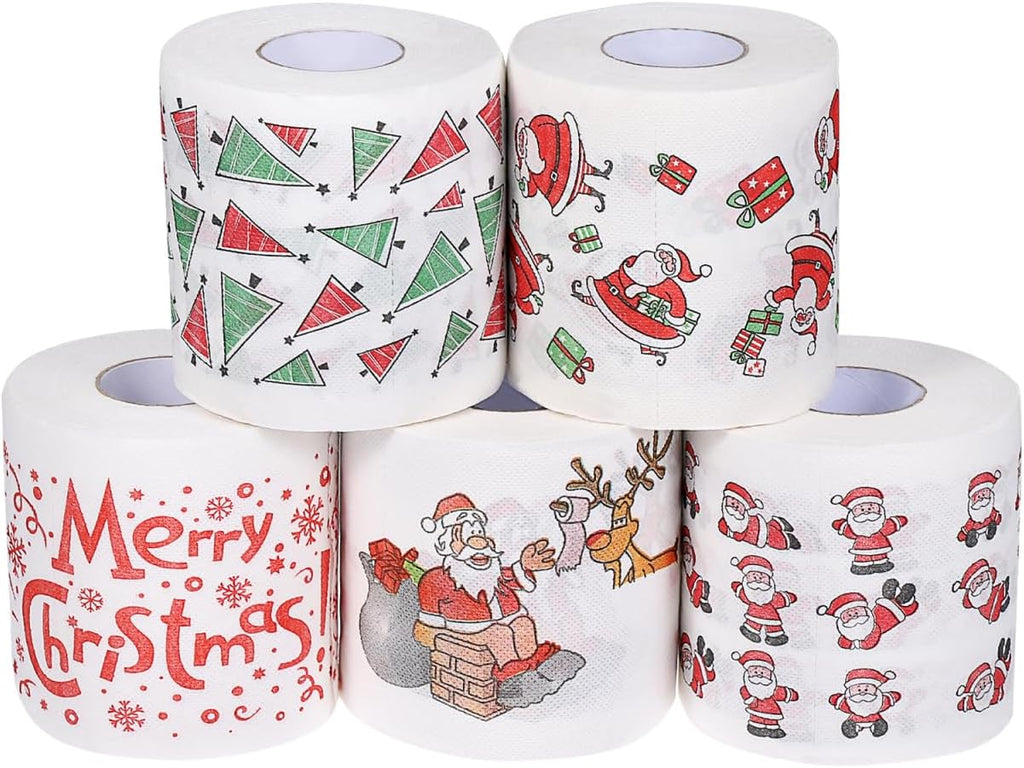 EXCEART 5 Rolls Christmas Toilet Paper, Printed Disposable Napkins Tissue for Xmas Fun Party, Novelty Gag Bathroom Decor