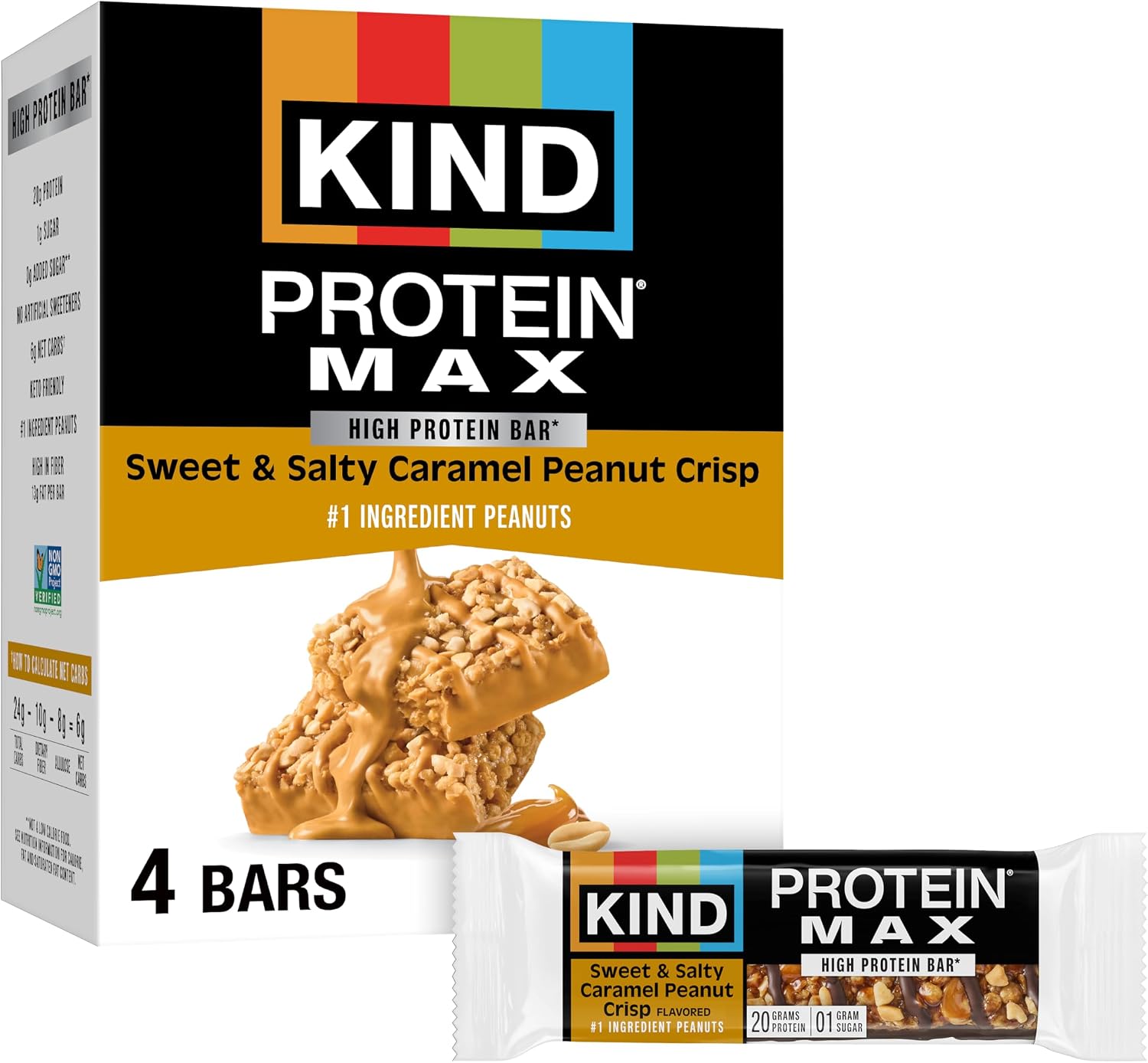 KIND Protein MAX Bars, Sweet & Salty Caramel Peanut Crisp, Gluten Free, Low Sugar, High Fiber Snacks, 20g Protein, 4 Count