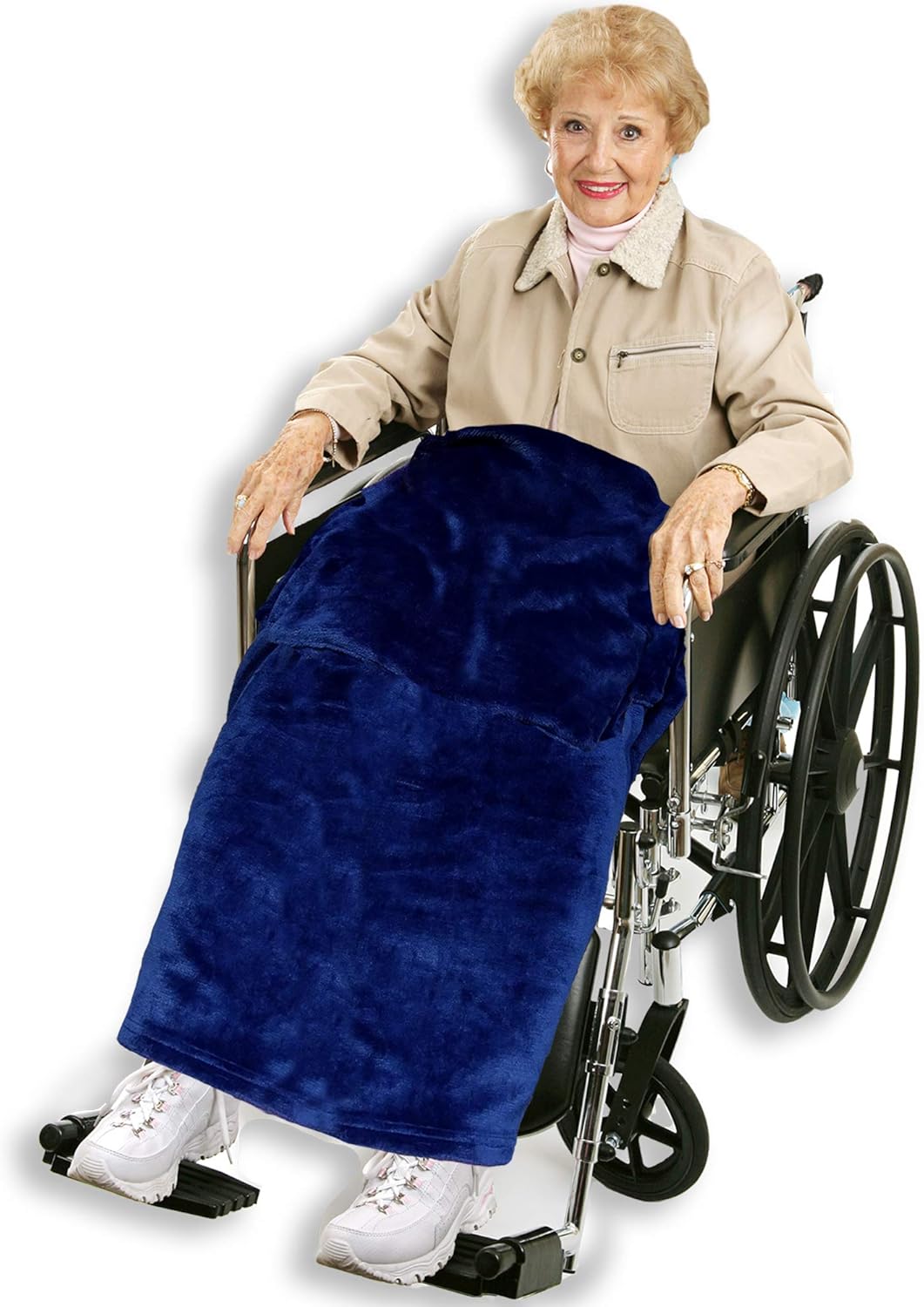 Wheelchair Blanket with Pouch for Adults, Fleece Wrap for Airplane & Train, Packable Nap Travel Accessories (Navy Blue)