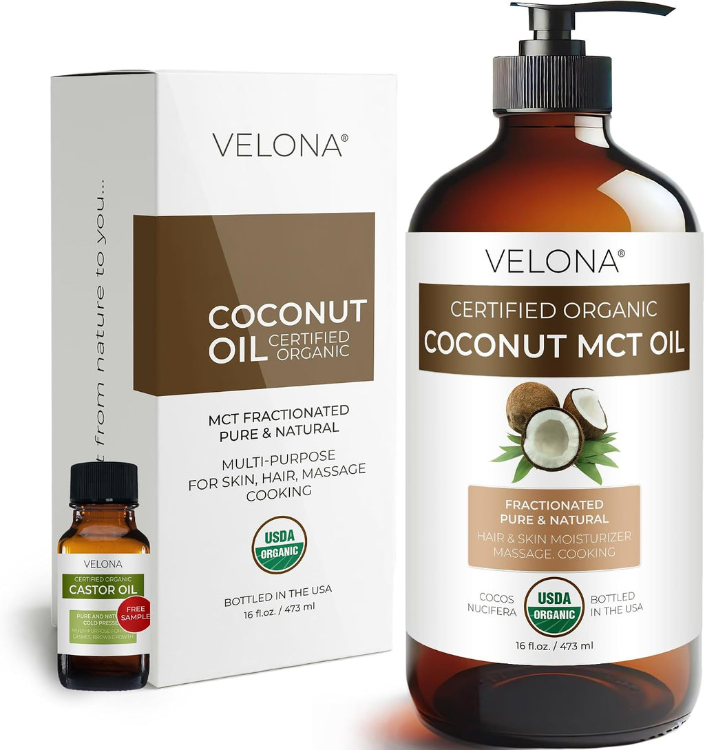 velona USDA Certified Organic MCT Coconut Oil - 16 fl oz in Glass Bottle | 100% from Coconut | Fractionated | Skin, Face, Body, Hair Care