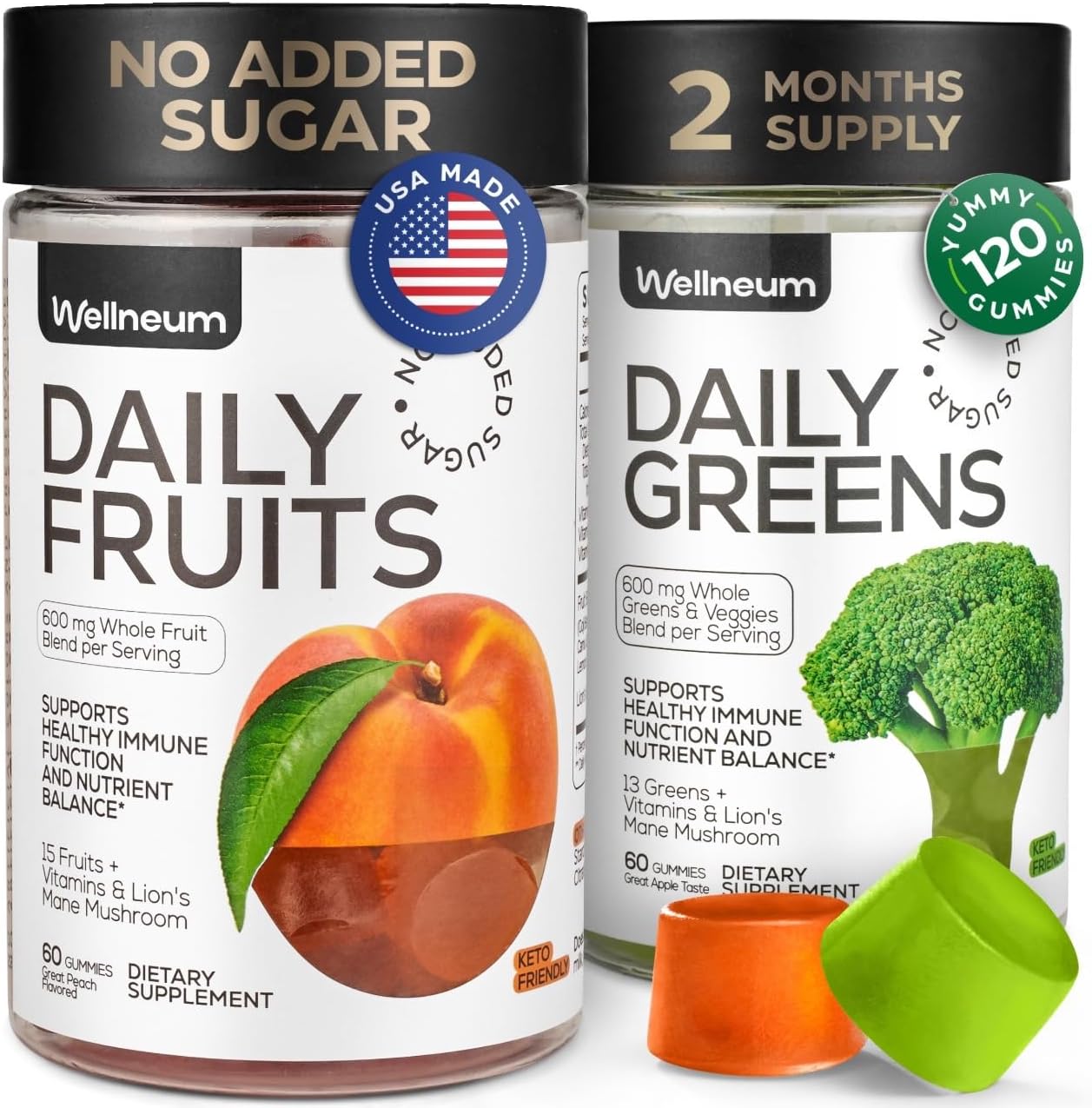 Super Greens + Super Fruits Gummies (Fruits/Greens Powder in Gummies Form) - 600mg Greens Blend + 600mg Fruits Blend for Immune Support, Sugar Free, Vegetarian, Non-GMO, 2-Pack (120 Gummies)