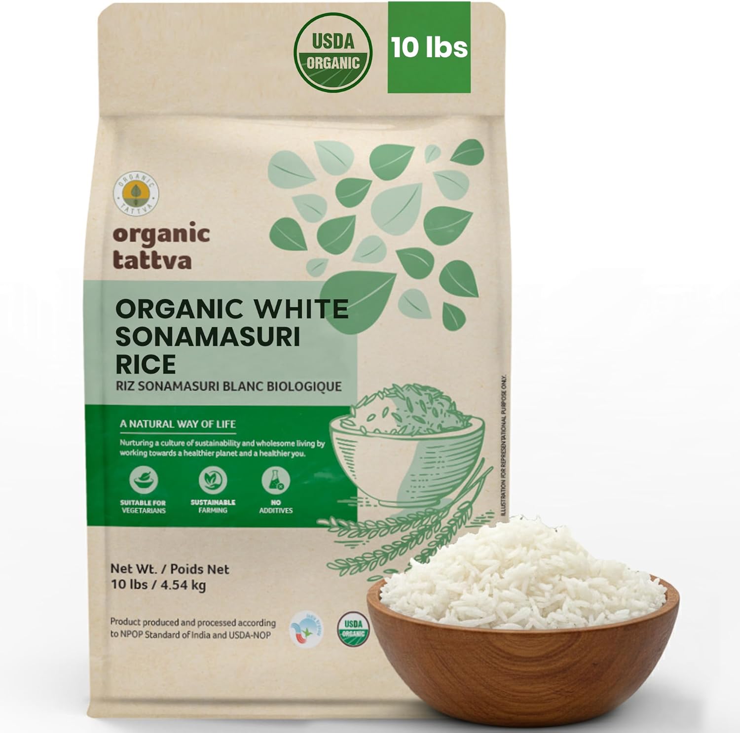 Organic Tattva Sonamasuri Rice (10 lbs) - Organic Short Grain Rice - No Additive - Vegan - Kosher - Non GMO - Gluten Free - USDA Certified