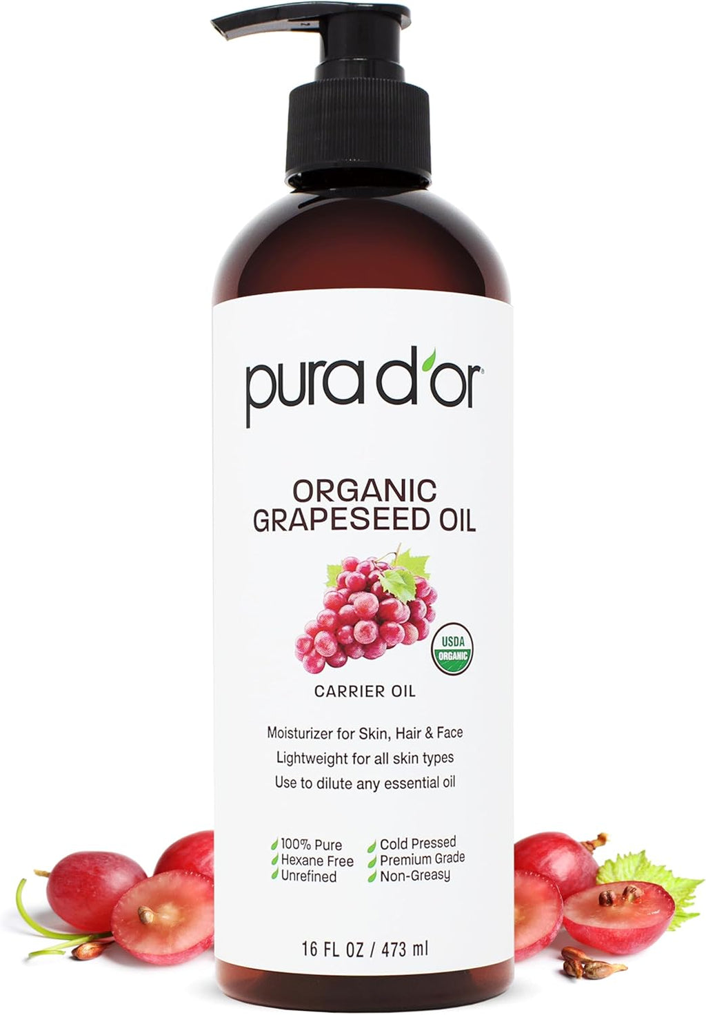 PURA D'OR 16 Oz Organic Grapeseed Oil - 100% Pure & Natural USDA Certified Cold Pressed Carrier Oil - Light & Silky, Unscented, Hexane Free Liquid Moisturizer - Face Skin & Hair - Men & Women