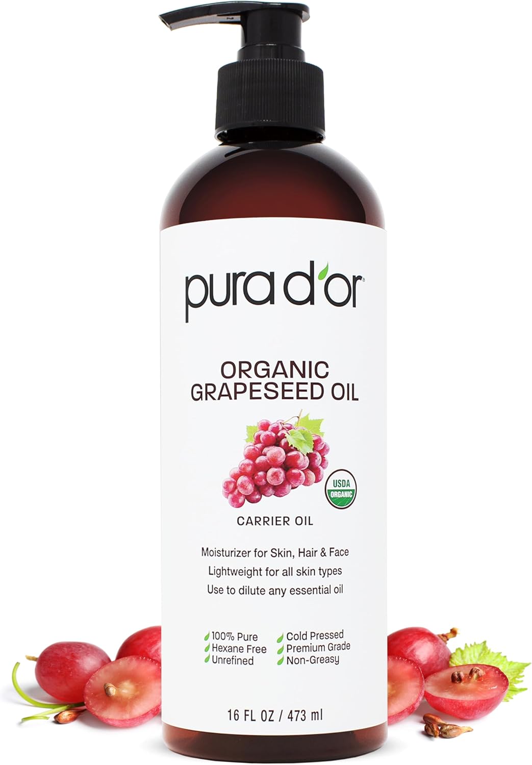 PURA D'OR 16 Oz Organic Grapeseed Oil - 100% Pure & Natural USDA Certified Cold Pressed Carrier Oil - Light & Silky, Unscented, Hexane Free Liquid Moisturizer - Face Skin & Hair - Men & Women
