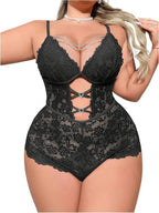 Milumia Plus Size Sexy Lingerie for Women Floral Lace Bodysuits with Chain Rhinestone Cut Out One Piece Nightgown Sleepwear