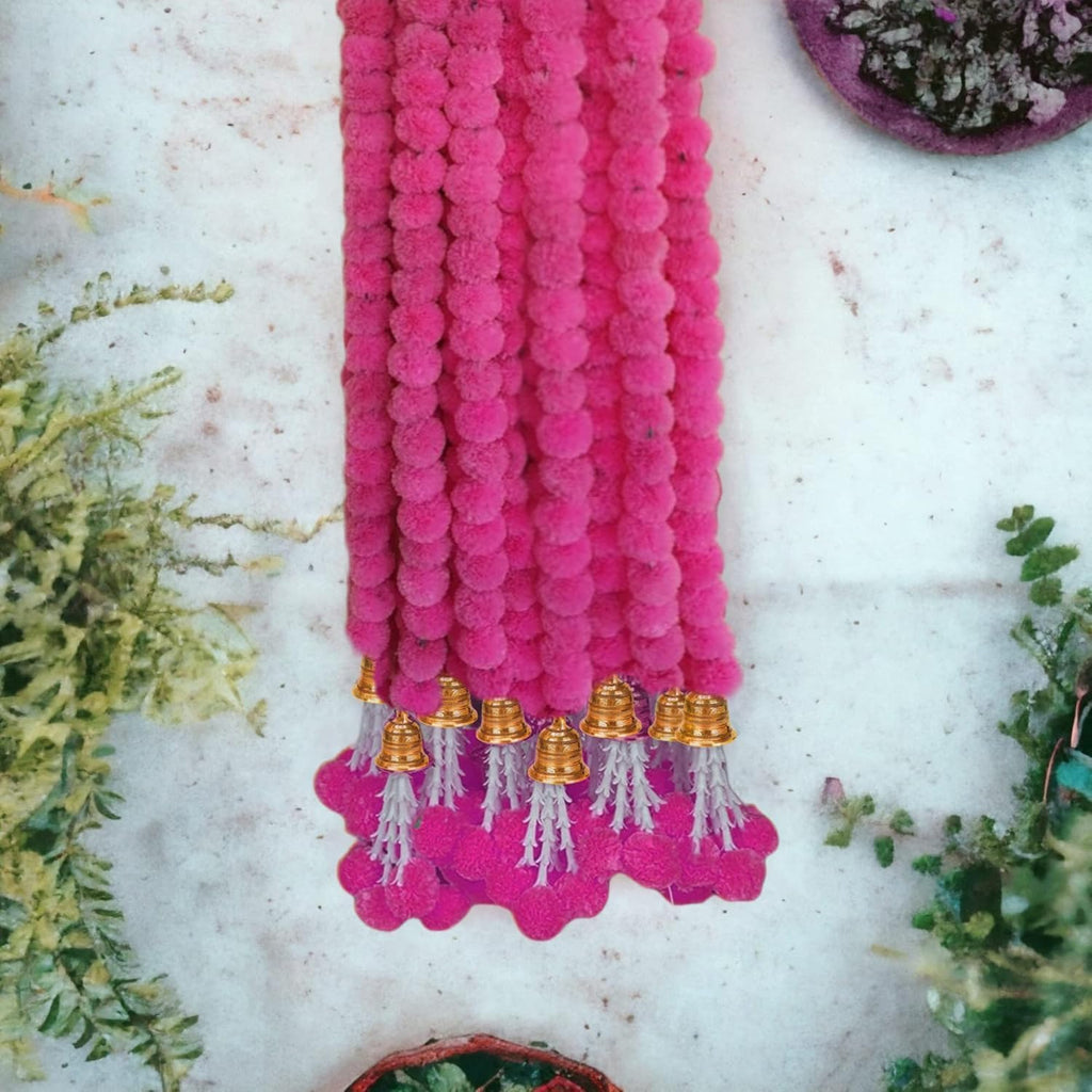 Treeratan 10 Pcs Artificial Marigold Flower Garland with Bells for Decoration – Handmade Genda Phool Toran for Diwali, Wedding, Pooja & Festivals (Pink, 152 cm)