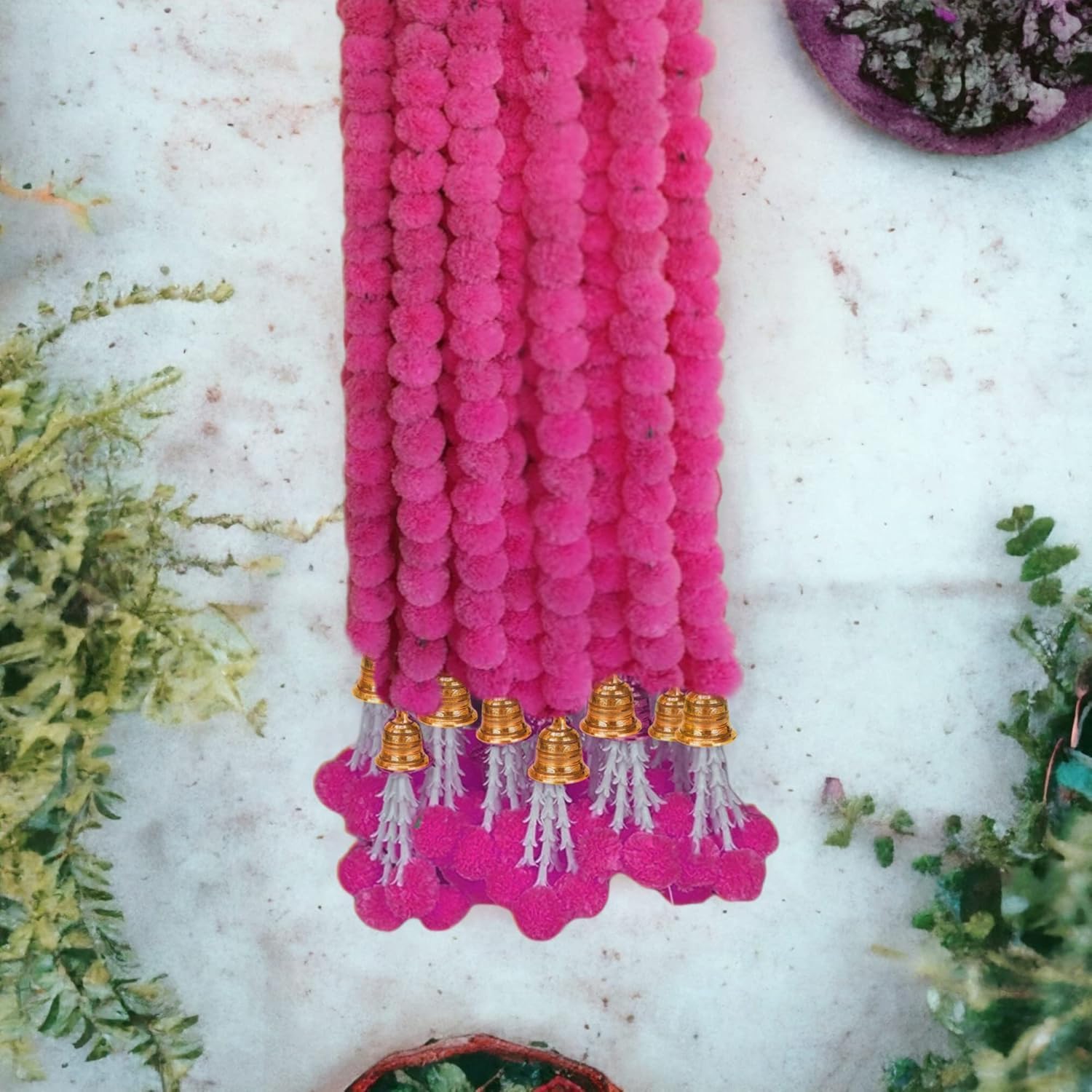 Treeratan 10 Pcs Artificial Marigold Flower Garland with Bells for Decoration – Handmade Genda Phool Toran for Diwali, Wedding, Pooja & Festivals (Pink, 152 cm)
