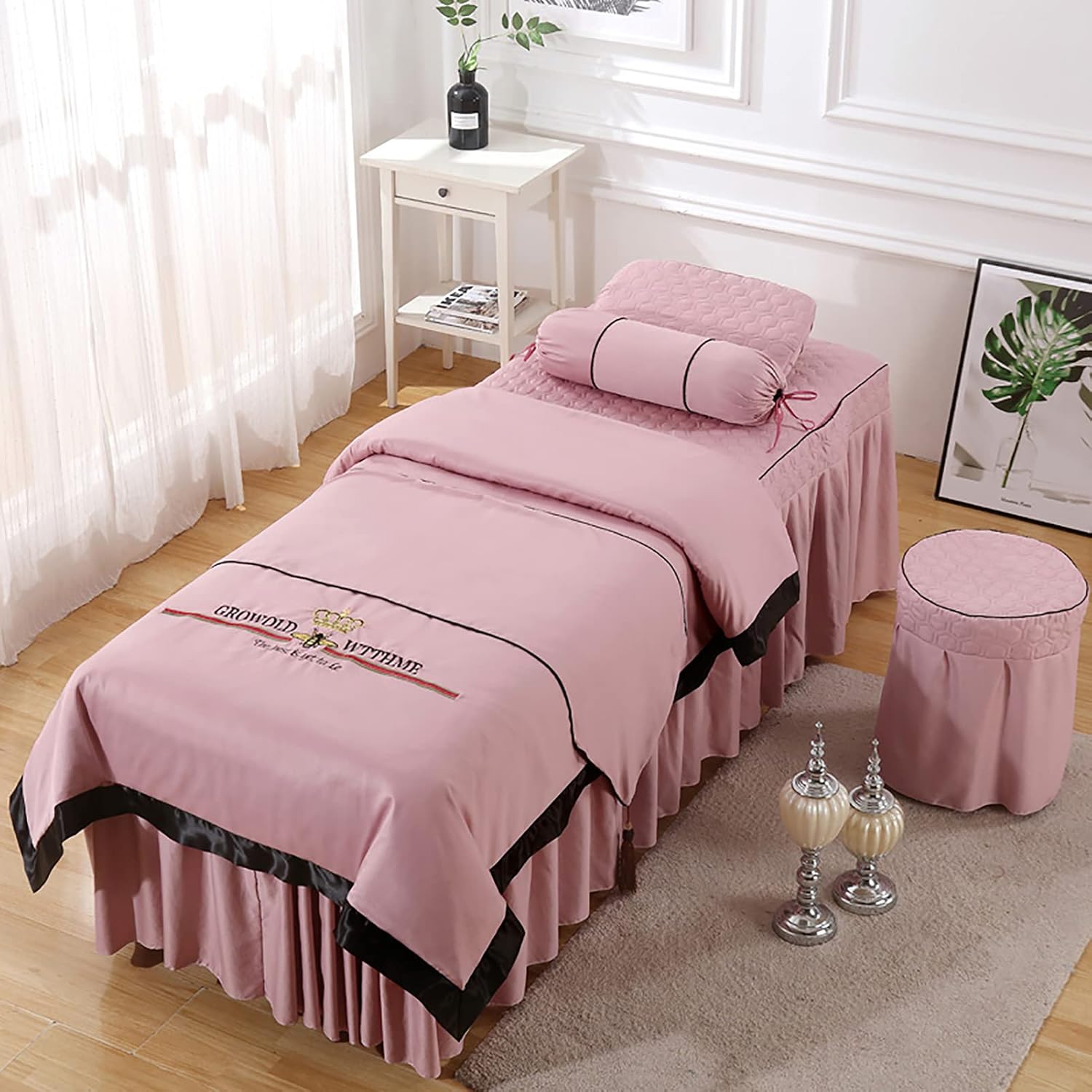 KKLT 4-Piece Microfiber Massage Table Sheet Set,Solid Color Soft Beauty Salon Massage Table Skirt Set for Body Physiotherapy Massage-Pink 190x75cm(75x30inch)
