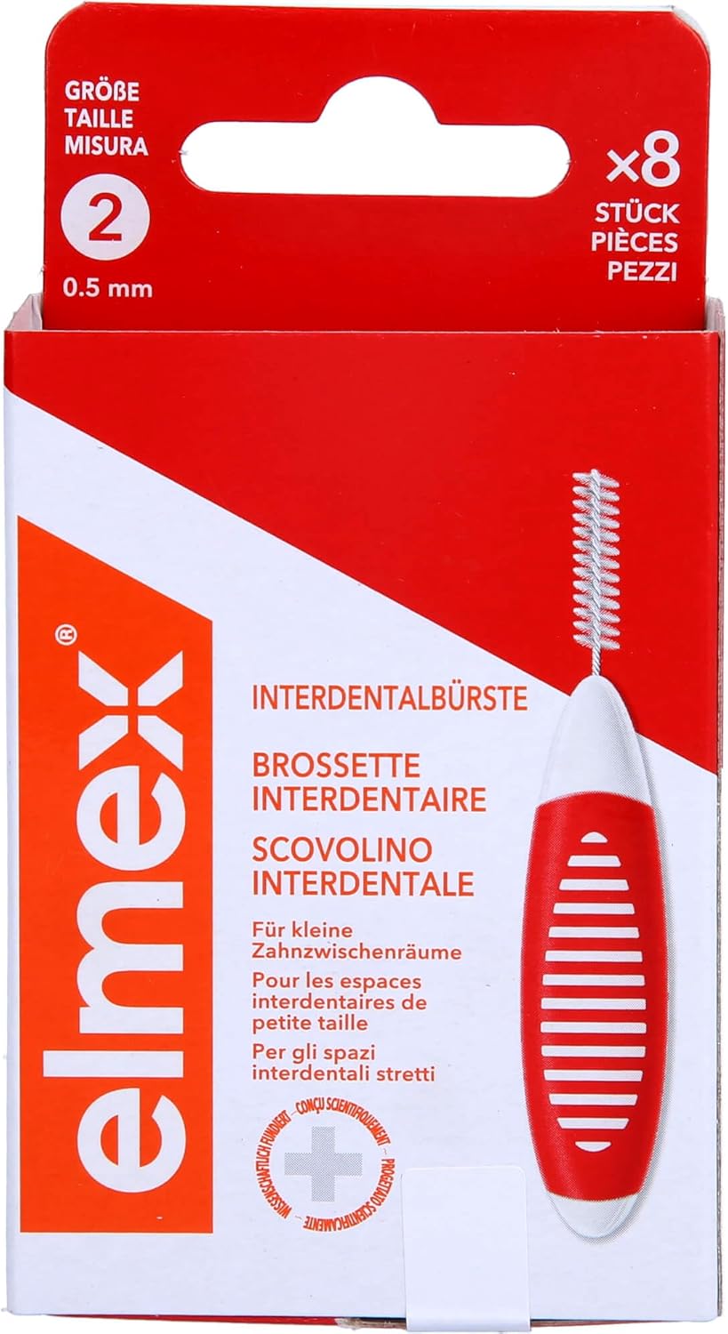 elmex Interdental Brush Red (Size 2, 0.50 mm), 1 x 8 Interdental Brushes for Cleaning Small Interdental Spaces