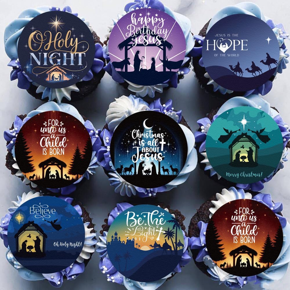 36PCS Edible Christmas Religious Nativity Cupcake Toppers Wafer Paper Happy Birthday Jesus Cupcake Picks Holy Nativity Toppers for Christmas Jesus Theme Party Decor Supplies (Pattern 1)
