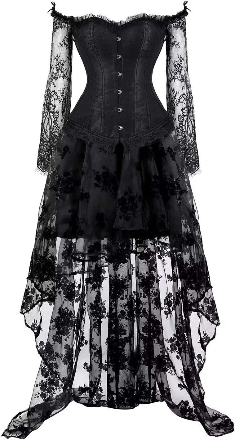 Corset Dress and Skirt Asymmetrical Long Women with Sleeves Bustier Tank Overlay Lace Floral Costumes