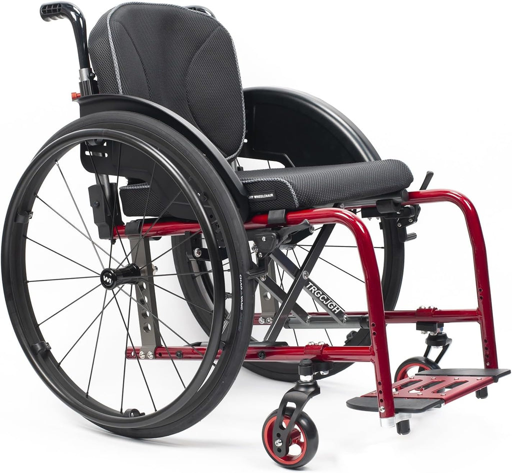 Ultra Lightweight Wheelchair(25Lbs) Folding Sports Wheelchairs with Handbrakes, Quick Release Rear Wheels and Anti-Tip Wheels(Red,16.9in Seat Width)