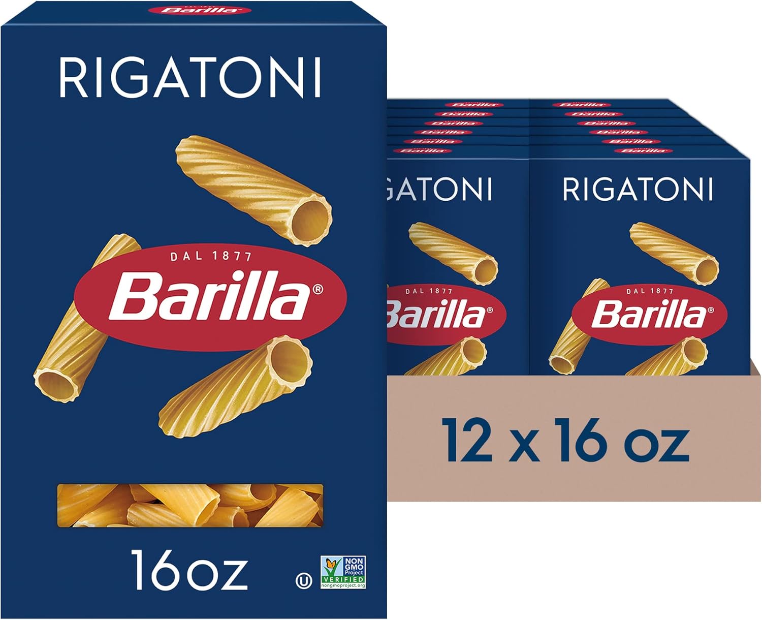 Barilla Rigatoni Pasta, 16 oz. Box (Pack of 12) - Non-GMO, Made with Durum Wheat Semolina - Kosher Certified