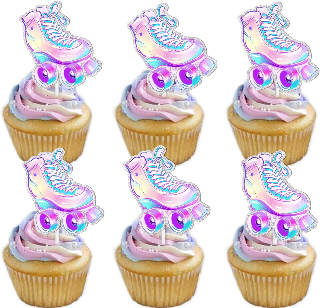 18pcs Glitter Roller Skates Dessert Cupcake Topper Children Boy Girl Happy Birthday Party Decorations 80s 90s Retro Hip Hop Roller Skating Theme Decor Supplies
