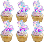 18pcs Glitter Roller Skates Dessert Cupcake Topper Children Boy Girl Happy Birthday Party Decorations 80s 90s Retro Hip Hop Roller Skating Theme Decor Supplies