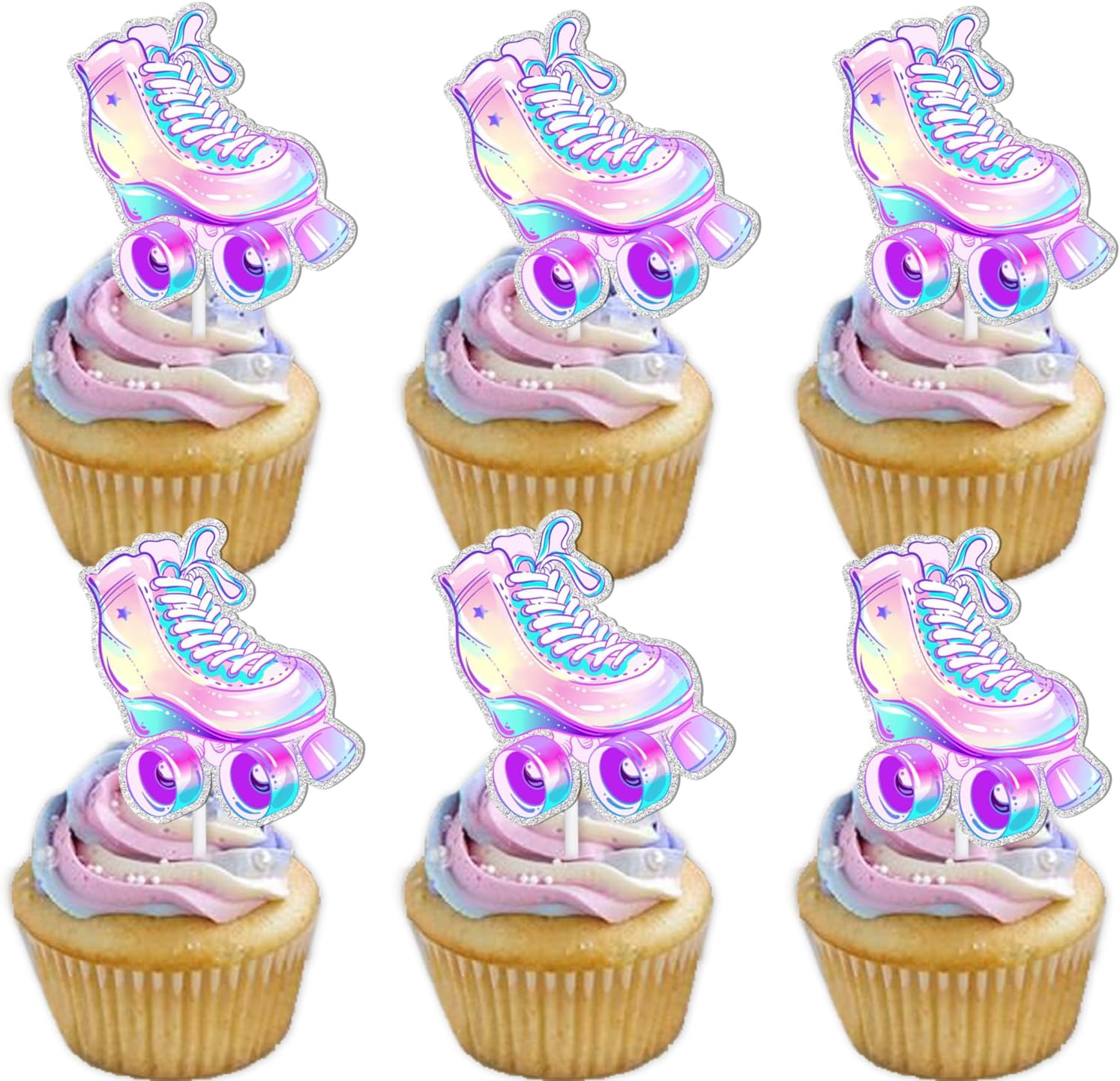18pcs Glitter Roller Skates Dessert Cupcake Topper Children Boy Girl Happy Birthday Party Decorations 80s 90s Retro Hip Hop Roller Skating Theme Decor Supplies