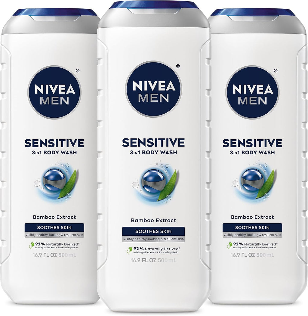 NIVEA MEN Sensitive Body Wash with Bamboo Extract, Moisturizing Body Wash for Sensitive Skin, Soap Free Shower Gel for Men with No Drying Alcohol, 16.9 Fl Oz Bottle, Pack of 3