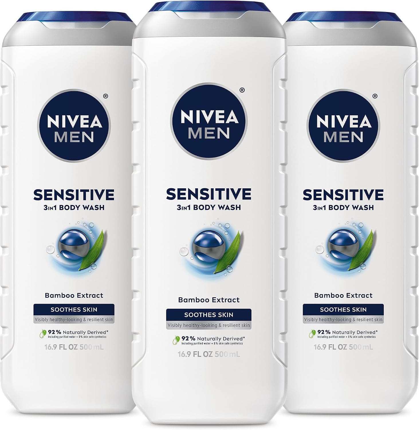 NIVEA MEN Sensitive Body Wash with Bamboo Extract, Moisturizing Body Wash for Sensitive Skin, Soap Free Shower Gel for Men with No Drying Alcohol, 16.9 Fl Oz Bottle, Pack of 3