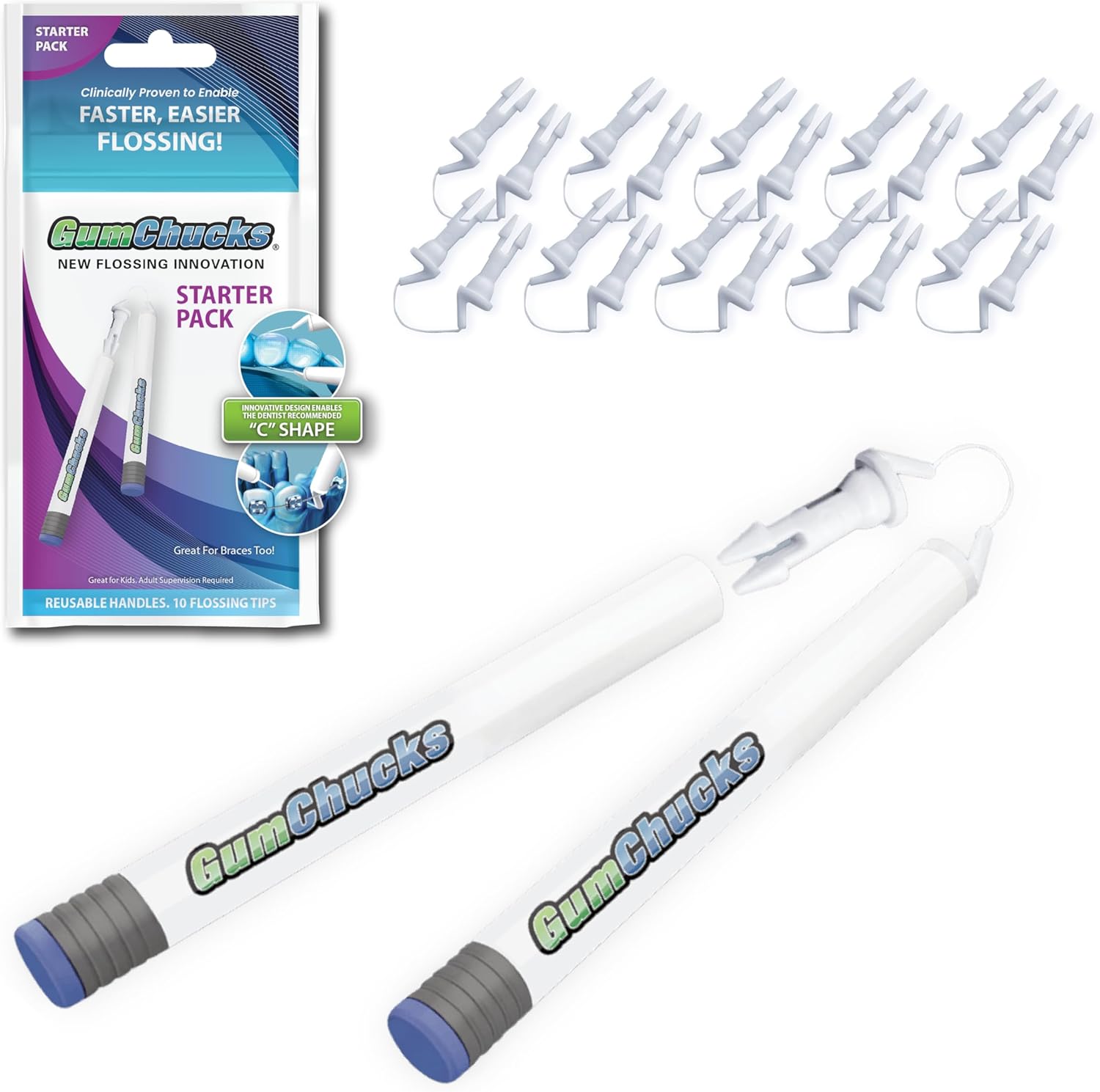 GumChucks Floss for Teeth - Flossing for Kids and Adults - Orthodontic Flossers for Braces - Dental Gum Floss Picks for All Ages (Starter Pack)