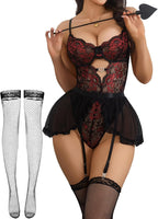 Women Lingerie with Garter Belt 4pcs Set Lace Contrast Mesh Bodysuit Ruffle Garter Belt Skirt With Stockings