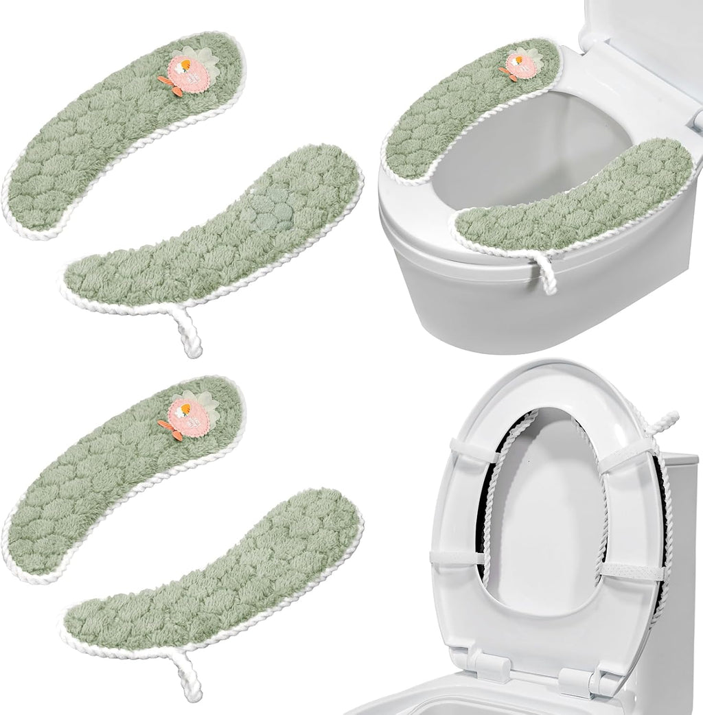 Toilet Seat Cover Bathroom Toilet Seat Cushion Toilet Seat Warmer with Handle, Washable and Reusable Toilet Seat Pads for Winter, Fits All Toilet Seats, 2 Pairs, Green