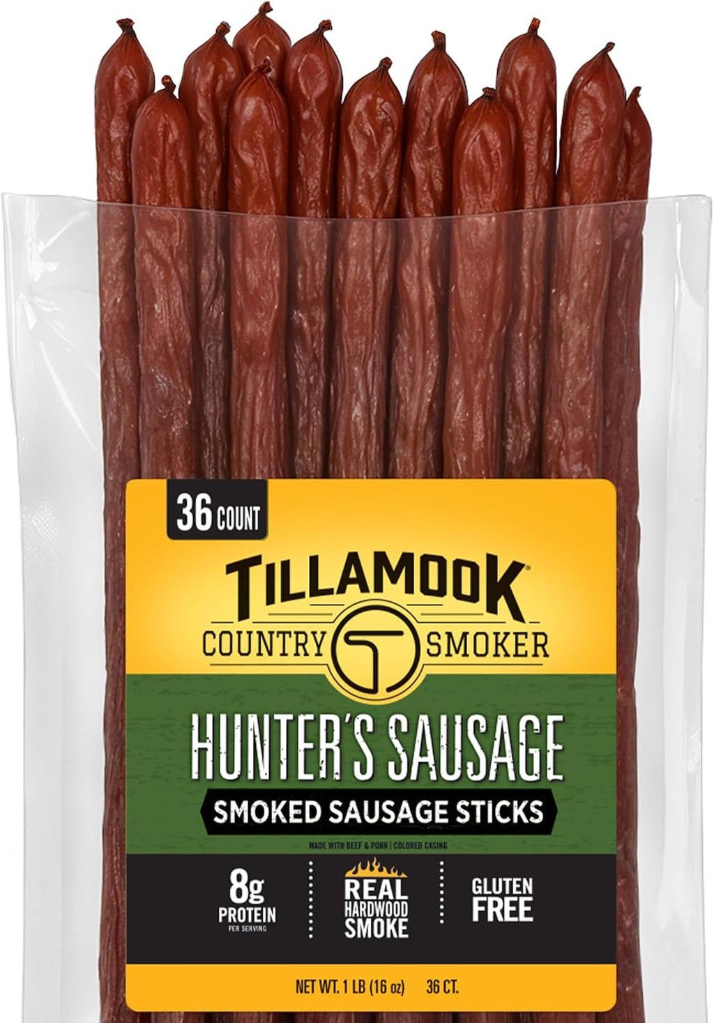Tillamook Country Smoker Smoked Sausage, Hunter's Sausage, 16 Ounce (36 Count Meat Sticks Bulk Pack) Real Hardwood Smoked, Low Carb, High Protein Ready to Eat Keto Snack