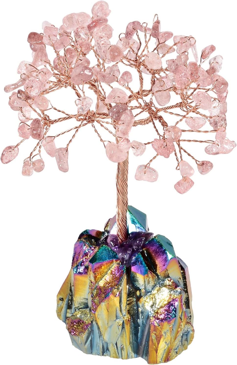 SUNYIK Natural Strawberry Quartz Money Tree, Rainbow Aura Titanium Crystal Cluster Base Bonsai Sculpture Figurine 4.5-5.7 Inches
