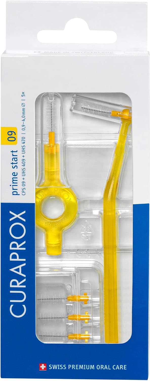 Curaprox CPS 09 Prime Start Interdental Brushes Set, 5 Interdental Brushes CPS 09 + 1 UHS 409 Holder + 1 UHS 470 Holder, 0.9 mm Diameter, 4 mm Effectiveness, Yellow