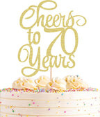 Cheers to 70 Years Cake Topper - Gold Glitter 70th Birthday Cake Decorating Supplies, Perfect for 70th Anniversary or Seventy Birthday Party, Photo Booth Props