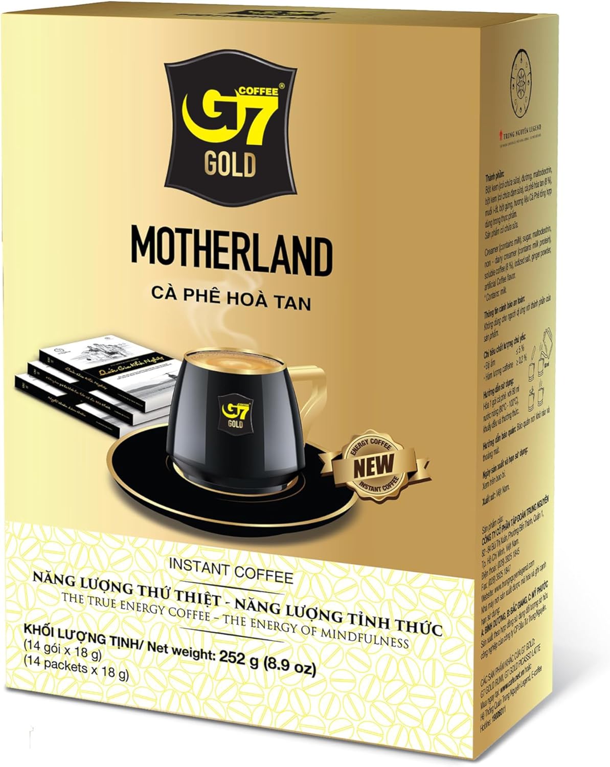 TRUNG NGUYEN LEGEND G7 Gold Motherland Instant Coffee, Single Serve Vietnamese Coffee for Energy Boost, Delightful Aroma, 8.9 oz (Box of 14 Sticks)