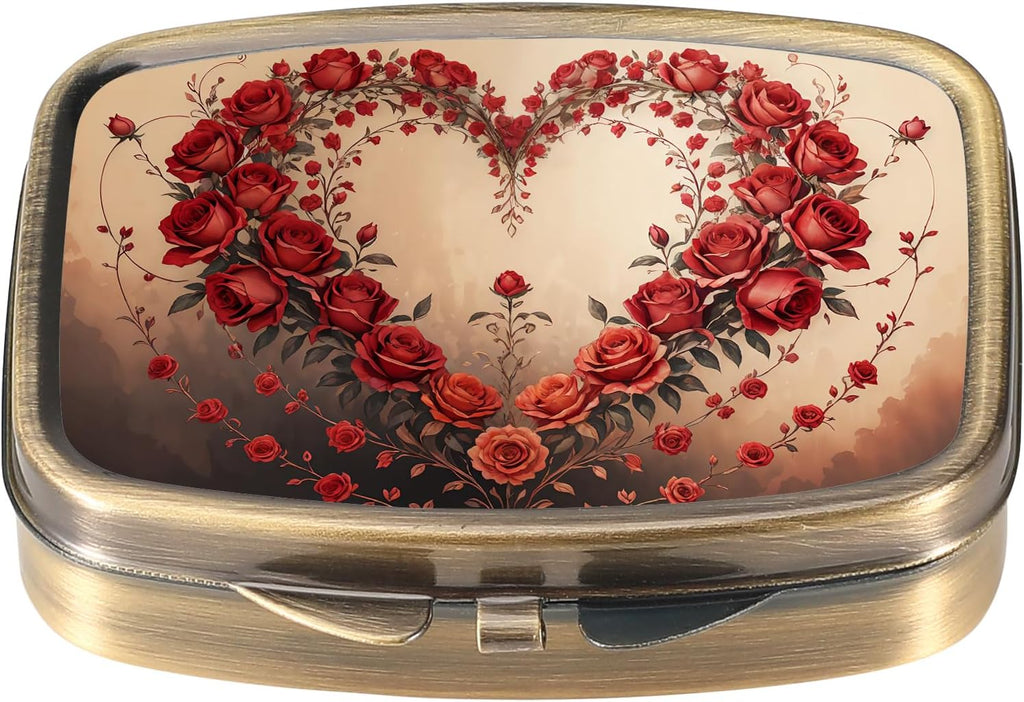 Dynippy Pill Case Pill Box with Mirror Retro Pocket 2 Compartment Medicine Case Vitamin Pill Organizer for Pocket Purse and Travel (Retro-Rose Heart Wreath)