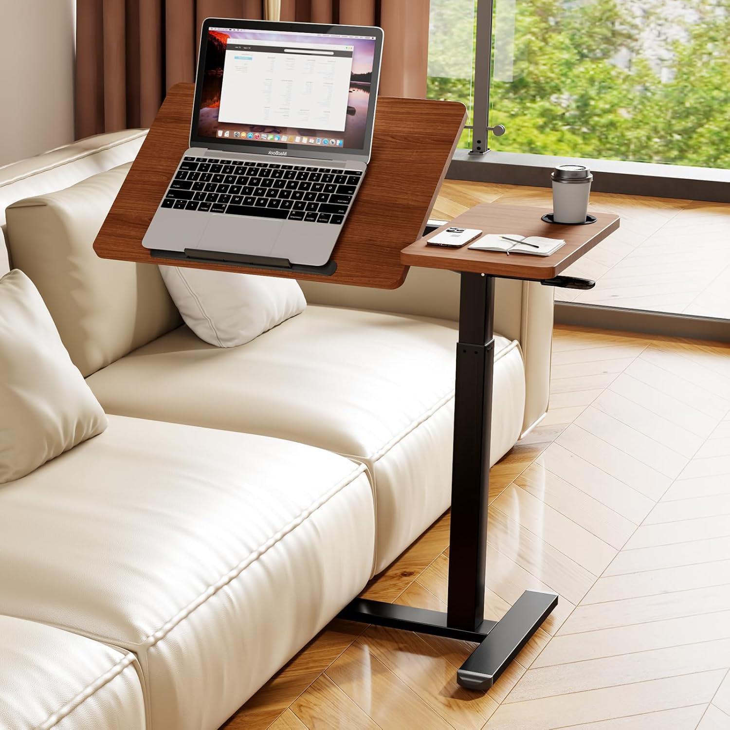 Foldable Overbed Table with Wheels, Pneumatic Height Adjustable Overbed Bedside Table, Tilting Desktop Mobile Standing Desk, Rolling Laptop Desk for Bed, Sofa, or Hospital Use (Brown)