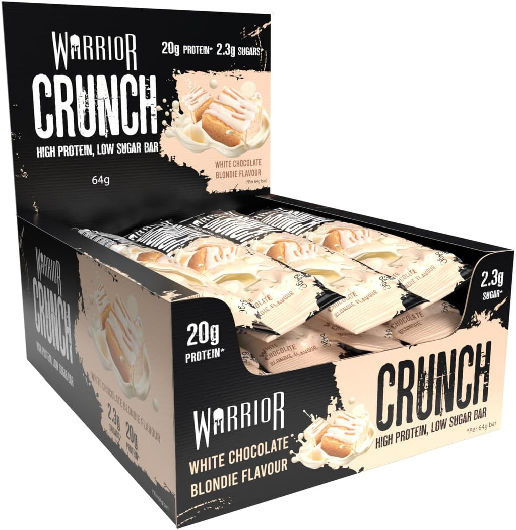 Warrior Crunch High Protein Bars | 20g Protein, Low Carb, Low Sugar, Keto Friendly | Delicious, Chewy, Crispy On The Go Snack | Box of 12 Bars (White Chocolate Blondie)