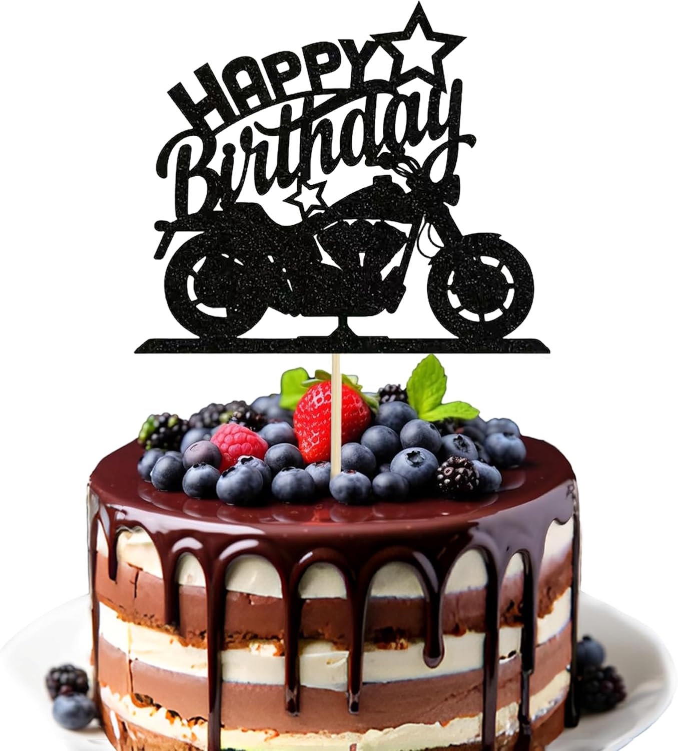Motorbike Happy Birthday Cake Topper - Black Glitter Motorbike Cake Decoration for Motorcycle Rider Racing Theme Party, Birthday Party Cake Decor Supplies