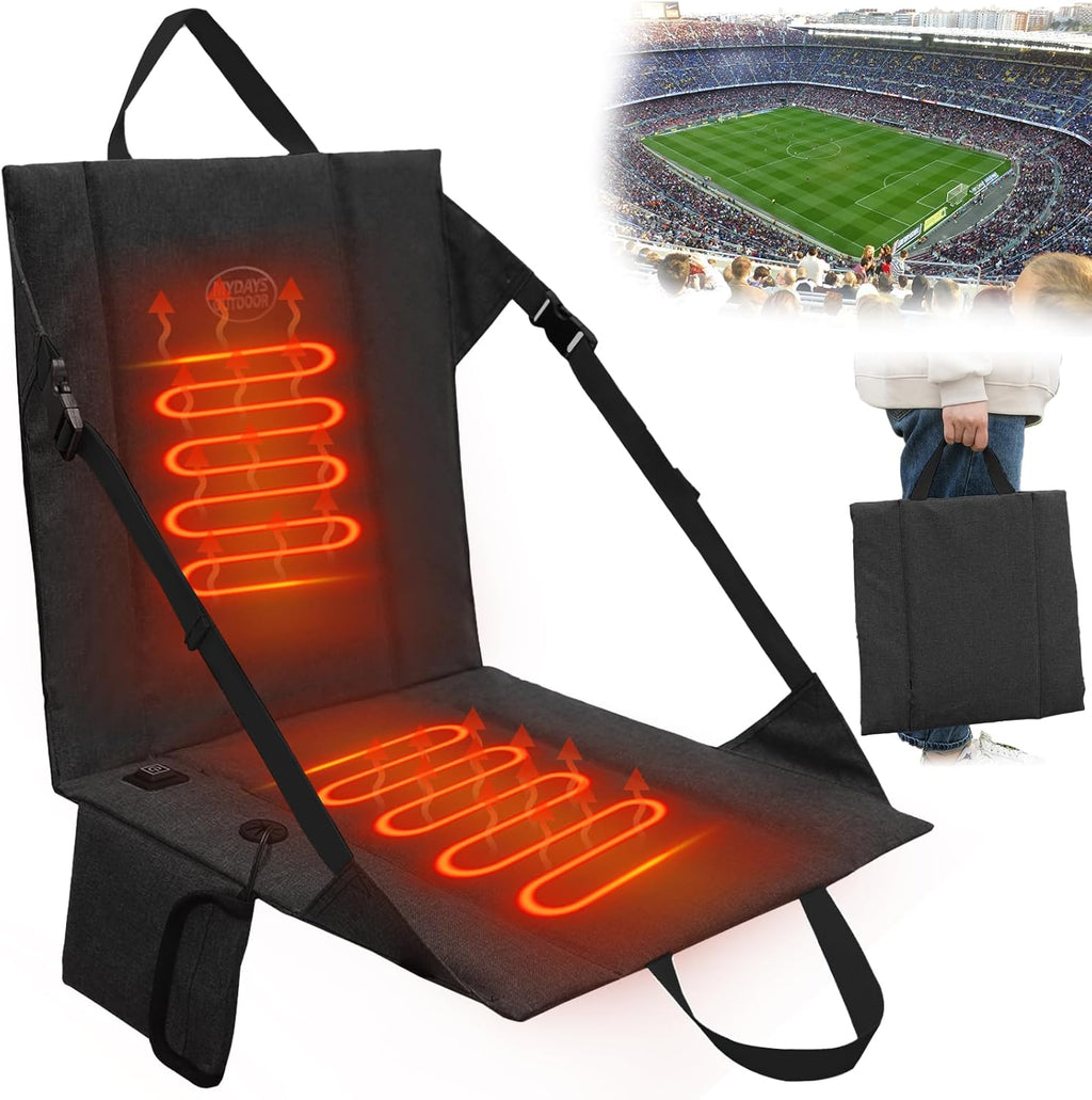 Heated Stadium Seat Cushion Pad Cordless Rechargeable 149F USB Battery Heated Bleacher Cushion Portable Heating Pad with Backrest Heating for Outdoor Camping, Fishing - 3 Heat Settings (NO Power Bank)