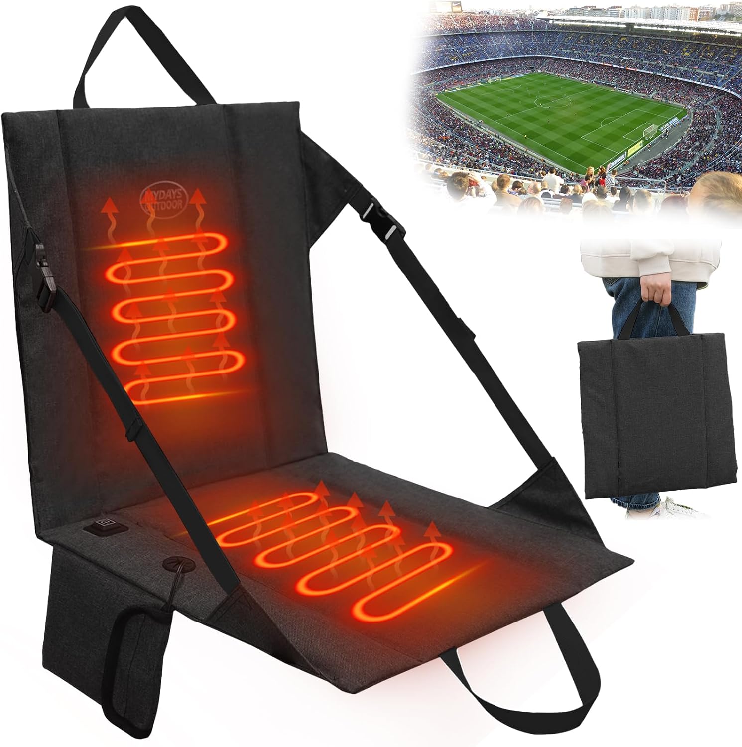 Heated Stadium Seat Cushion Pad Cordless Rechargeable 149F USB Battery Heated Bleacher Cushion Portable Heating Pad with Backrest Heating for Outdoor Camping, Fishing - 3 Heat Settings (NO Power Bank)