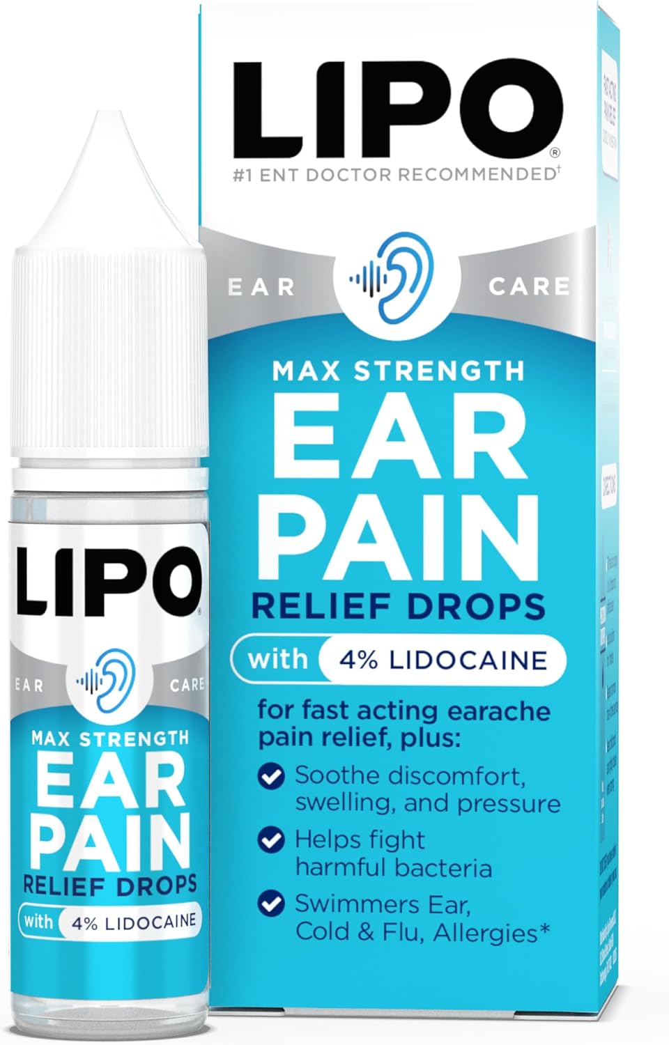 Lipo-Flavonoid Fast-Acting Ear Ache Pain Relief, 4% Lidocaine Maximum-Strength for Swimmer's Ear, Cold & Flu, Allergies, Safe for Adults & Children, Relieves Ear Pain, Swelling, & Water-Clogged Ears