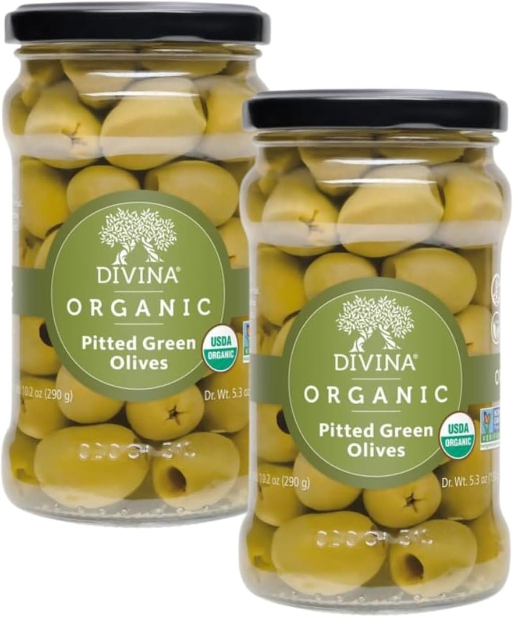 DIVINA Organic Pitted Green Olives, 10.2 oz, (2-Pack)