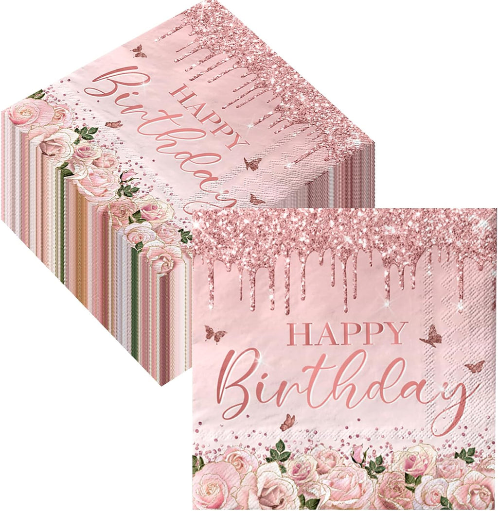 Pink Rose Gold Party Supplies - 40Pcs Flower Birthday Napkins Disposable Rose Gold Foil Paper Napkins Happy Birthday Theme Party Decoration for Women 50th 60th,Girl Birthday