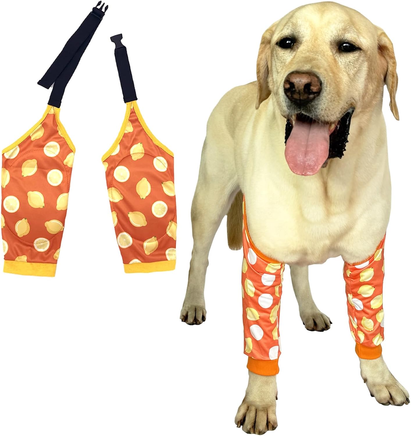Dog Knee Protector Pad for Calluses Knee Brace Front Elbow Support Wrap, Pet Sleeves for Wounds Dog Elbow Callus Treatment for Medium Large Dogs with Scarf（Large Lemon）