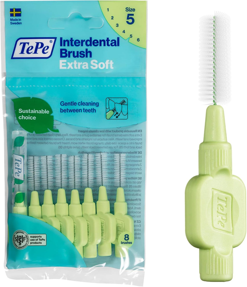 TePe Interdental Brush Extra Soft, Supersoft Dental Brush for Teeth Cleaning, Pack of 8, 0.8 mm, Large Gaps, Green, Size 5