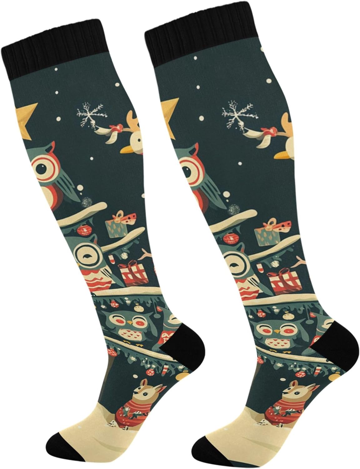 Christmas Tree with Owls Compression Socks for Women & Men Circulation 1 Pair Knee High Socks Best Support for Sports, Nurse, Travel