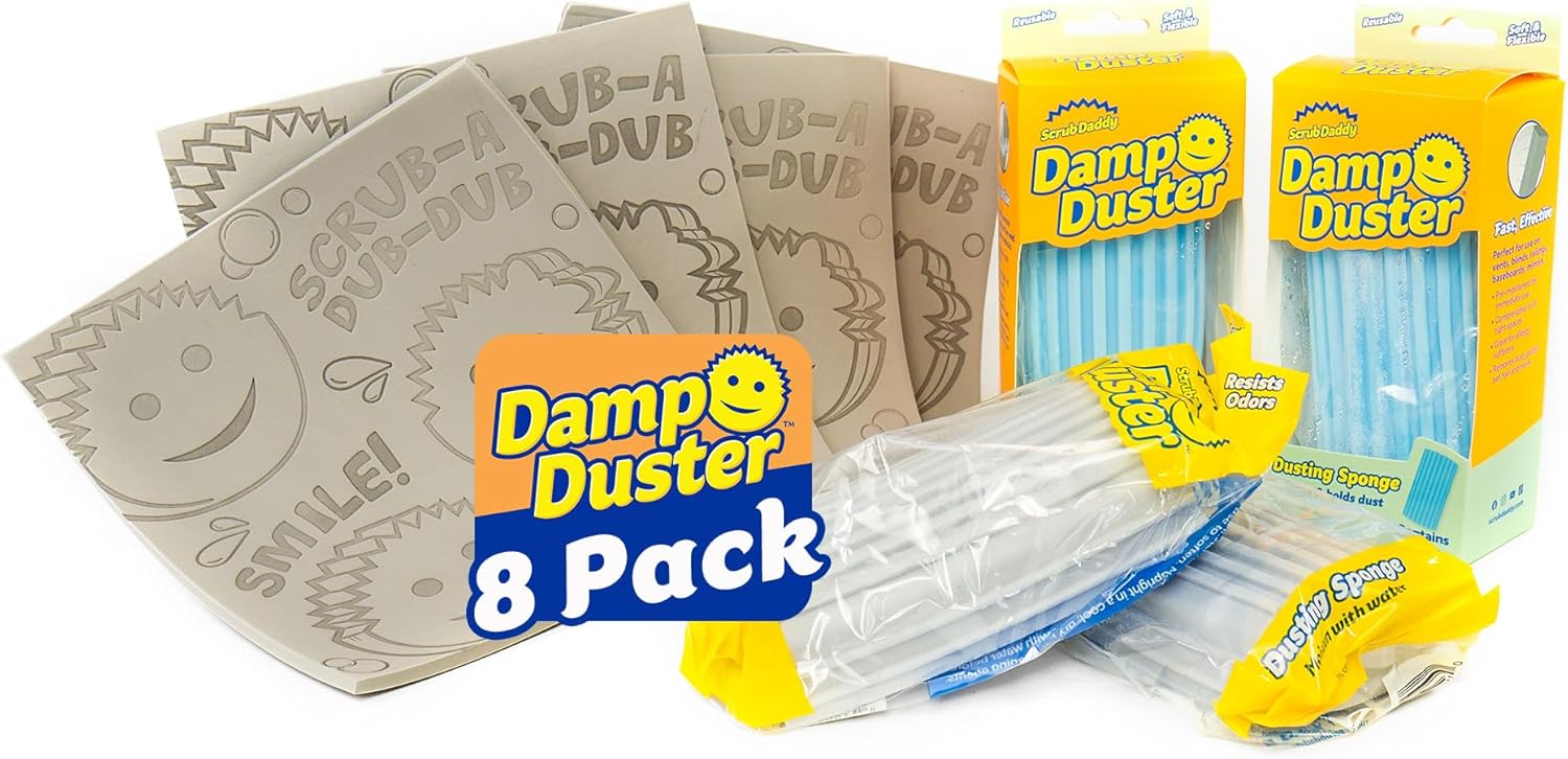Scrub Daddy Damp Duster Sponge & Towel Bundle - 4 Dusting Sponges & 4 Damp Duster Towels - Swipe & Polish Blinds, Baseboards, Furniture & More (8 Piece Bundle)