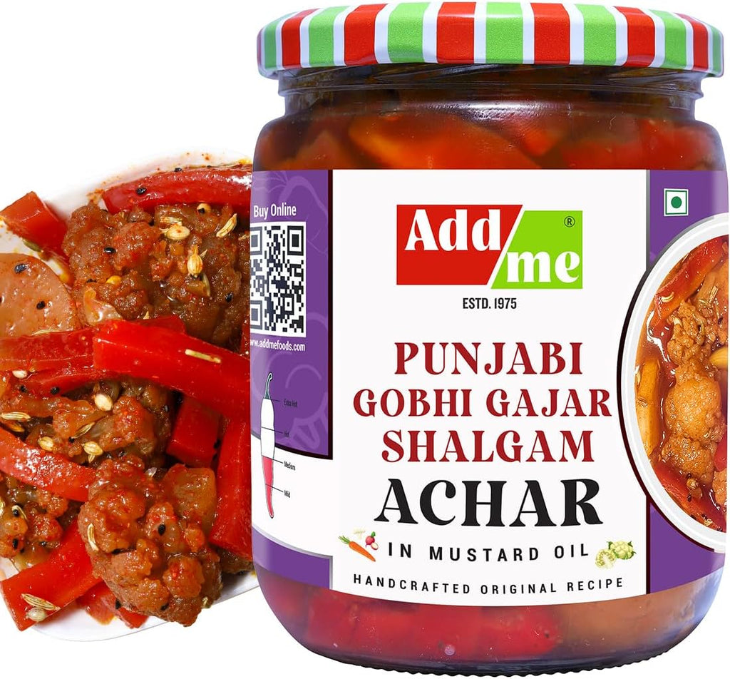 Add me Sweet & Sour Mixed Pickle of Gobhi shalgam gajar Pickle, 600gm Home Made Punjabi North Indian Pickle of Carrot, Cauliflower & Turnip with Onion and Garlic 600 G Glass Pack