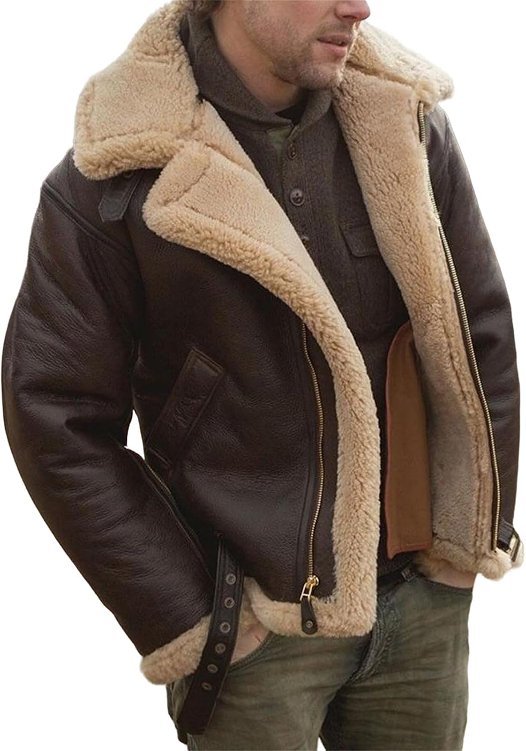 Mens Faux Fur Jacket Winter Lapel Faux Leather Jacket Thicked Warm Coat Plush Trench Jacket Windbreaker