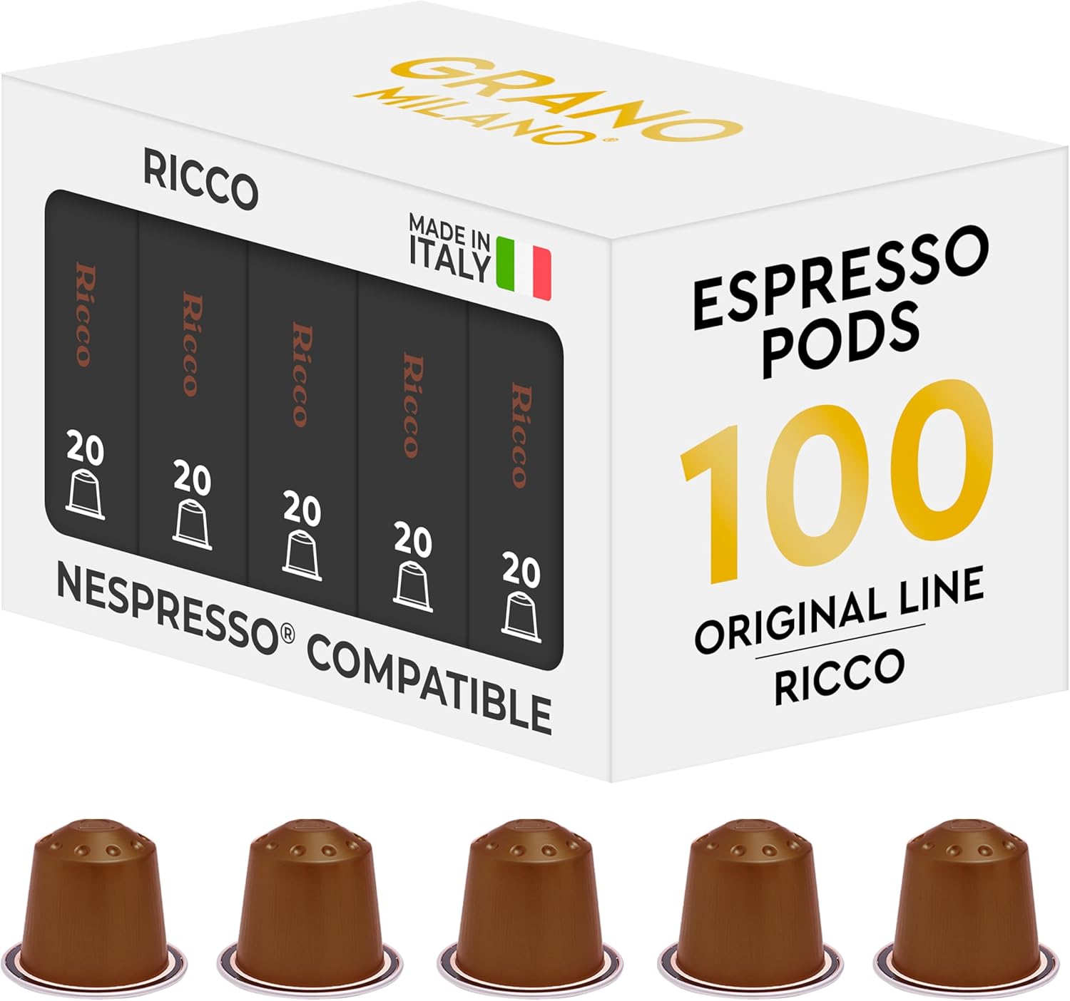 Grano Milano Ricco Coffee Capsules - 100 Aluminum Coffee Pods Compatible with Nespresso Original line, Dark Roast - Intensity 11/12, Made in Italy